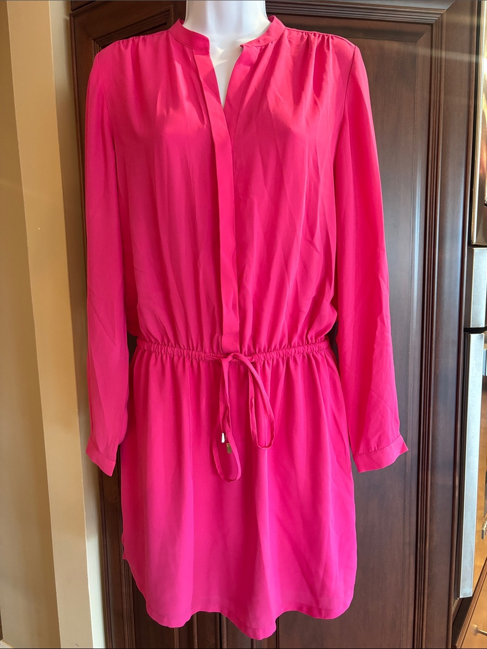 Women's Long-Sleeve Drawstring Waist Button Down Dress in Hot Pink